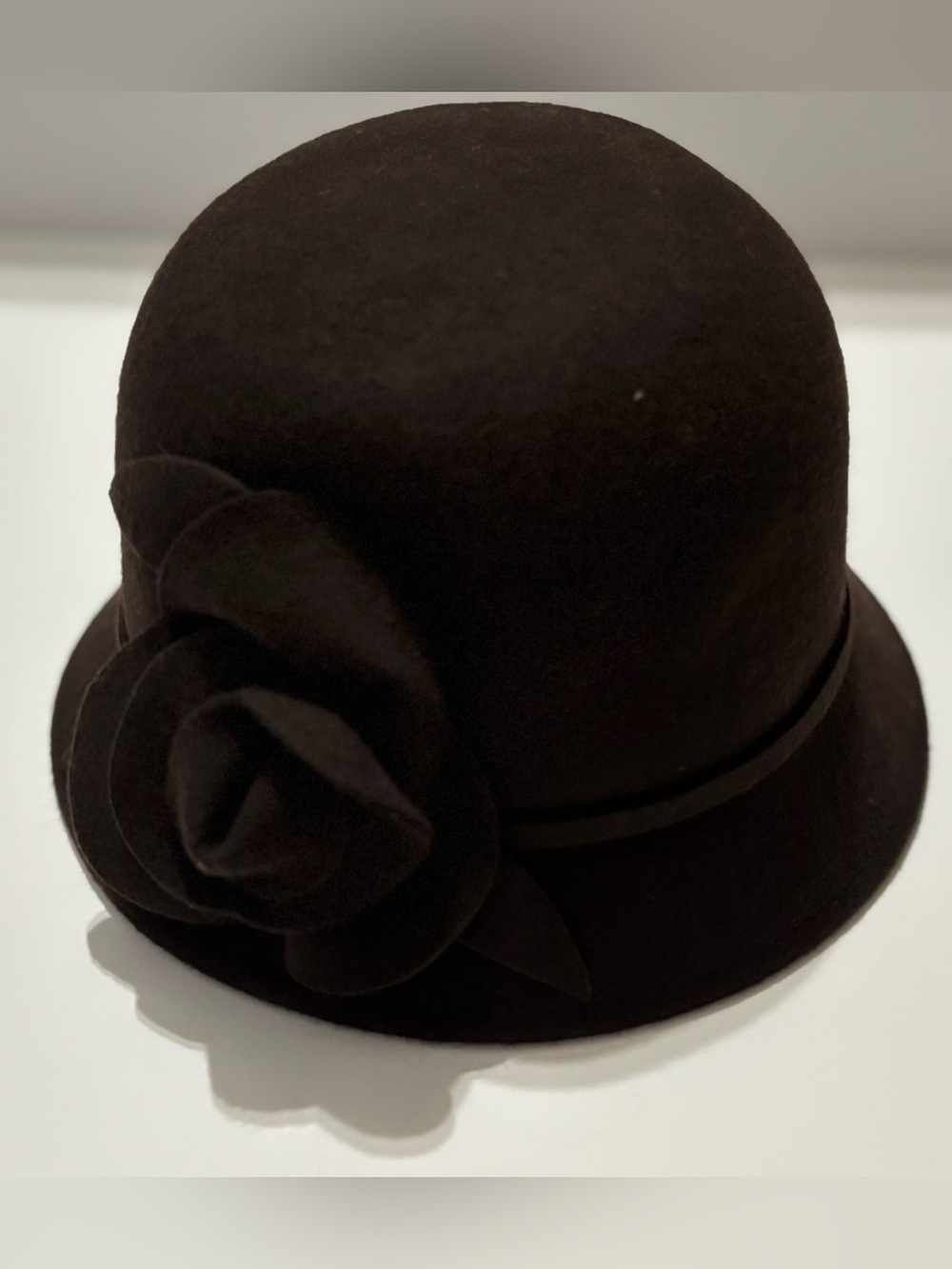 Nine West Black Felt Cloche Hat with Rosette Detail